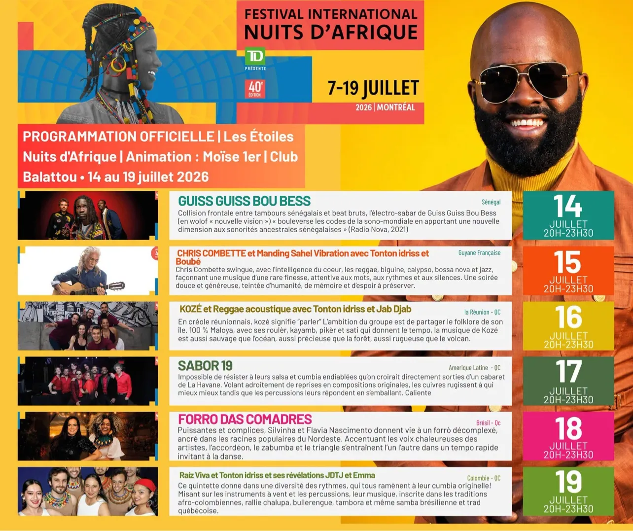Affiche officielle de la 40e édition du Festival International Nuits d'Afrique : « Animation : Moïse 1er », Club Balattou, du 14 au 19 juillet 2026