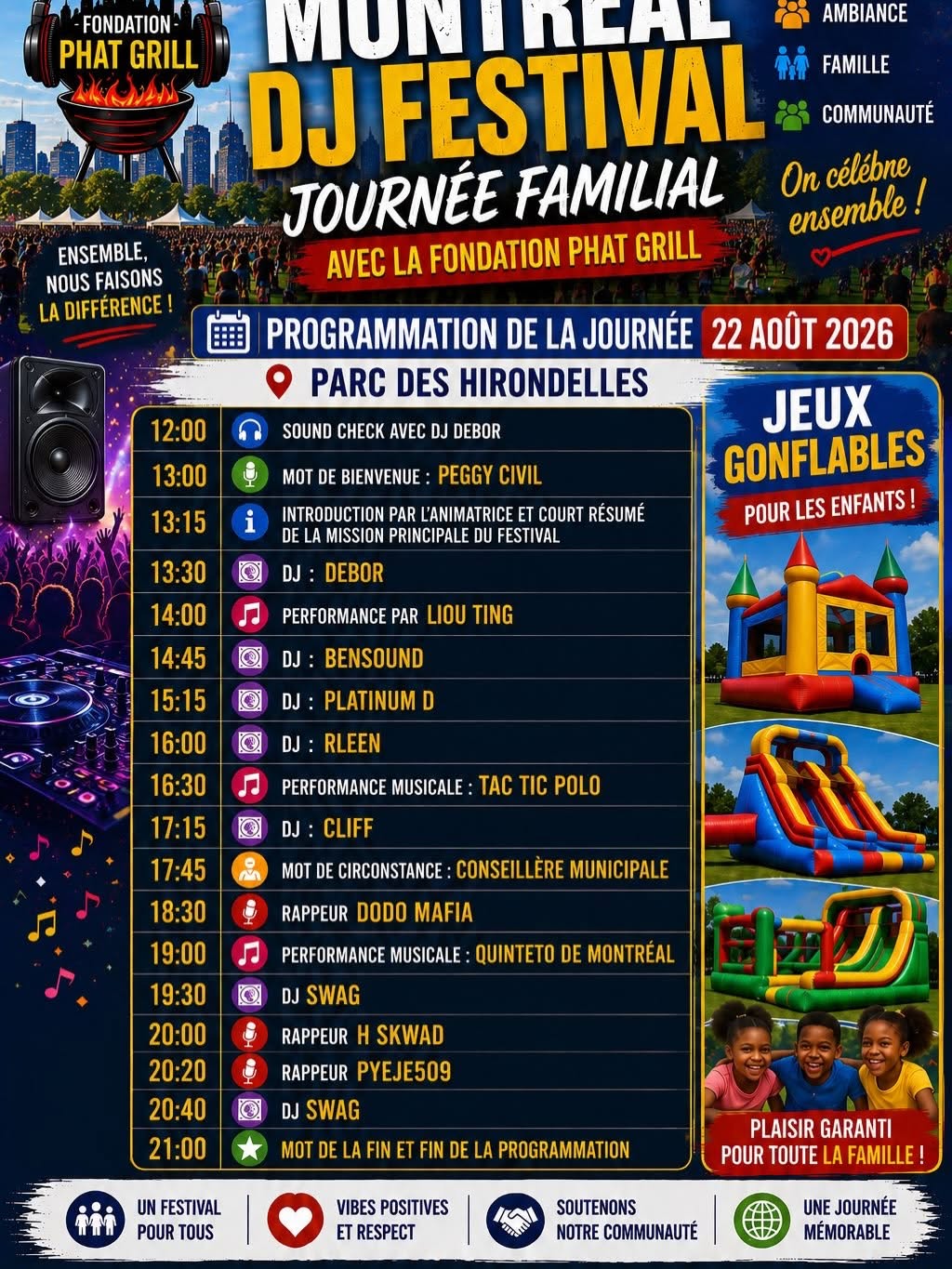 Affiche officielle — Montréal DJ Festival, journée familiale, 22 août 2026, parc des Hirondelles, Montréal