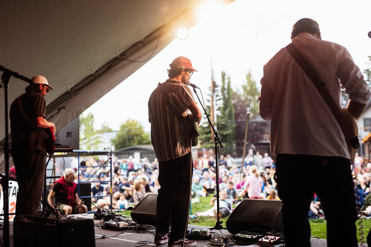 The crowd of the Canmore Folk Music Festival at the foot of the Rockies