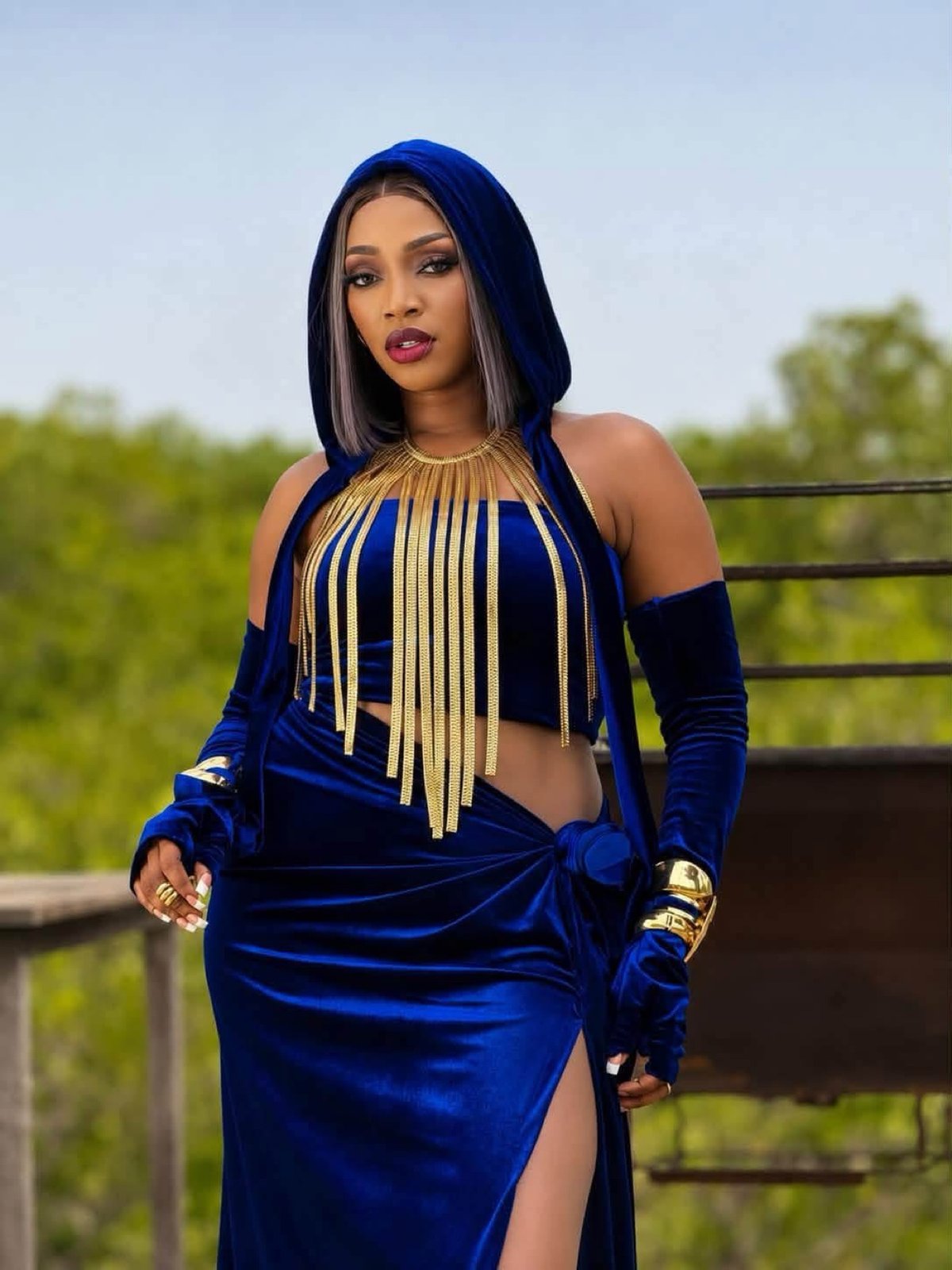 In blue velvet, outdoors