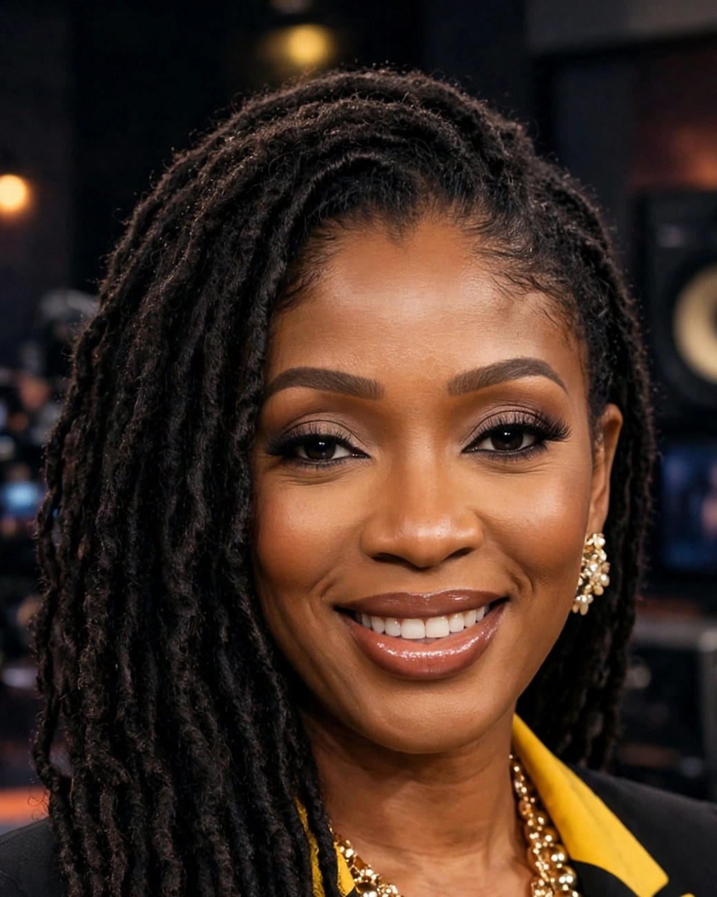 Bintou, présentatrice plateau de Festival TV, sourire face caméra en studio
