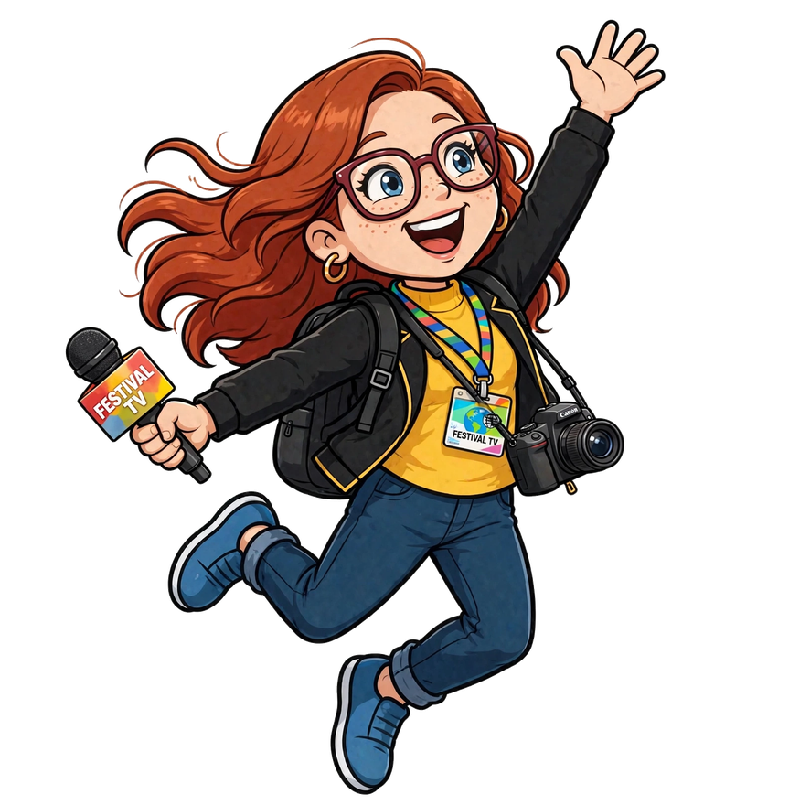 Le personnage animé de Marie-Julie : cheveux roux, lunettes, micro Festival TV en main, en plein saut de joie