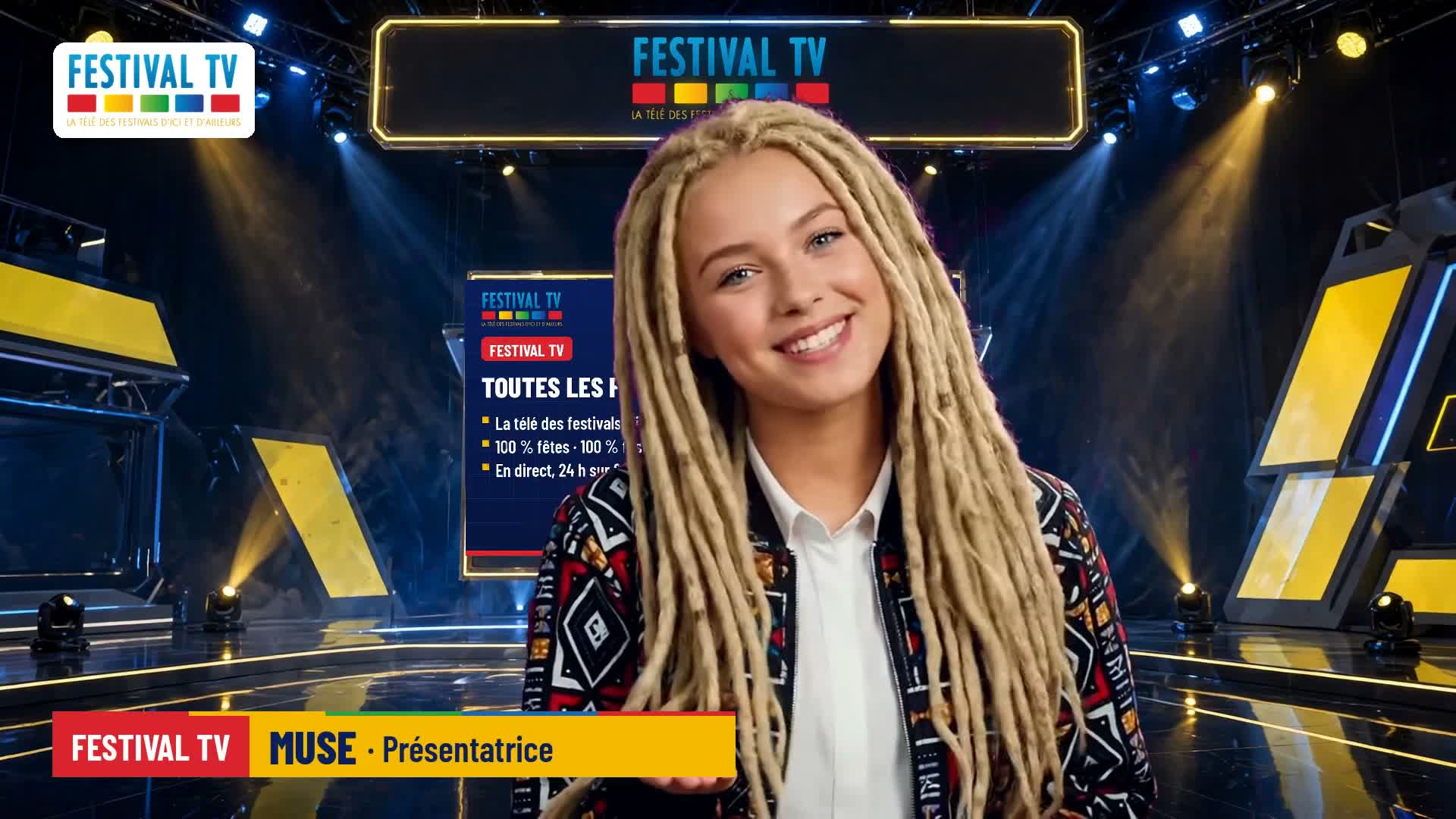 Muse, Festival TV main presenter, in studio: long blonde locks and bogolan jacket, smile on camera