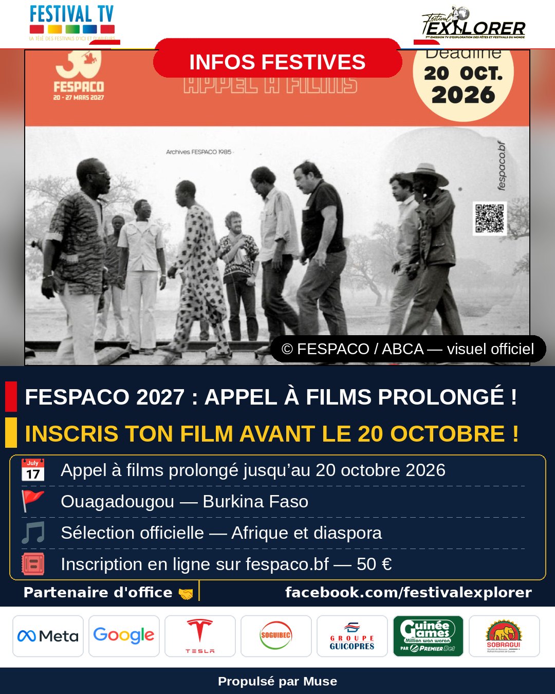 Visuel Infos Festives n° 25 — FESPACO 2027, appel à films prolongé