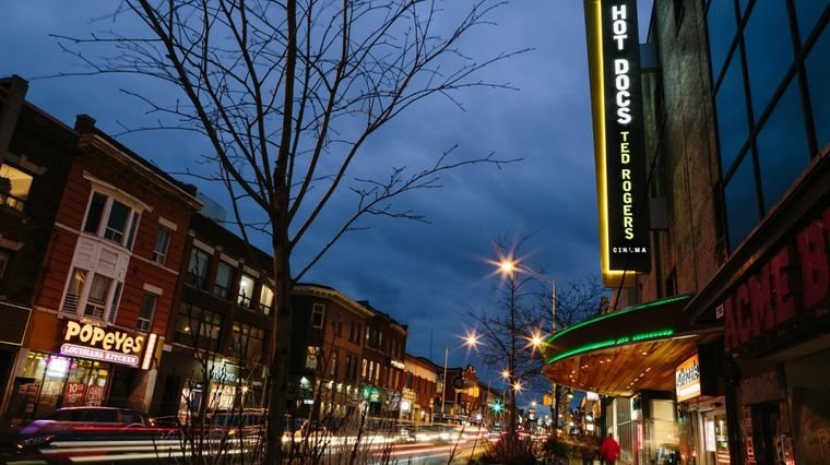 The Hot Docs sign at night in Toronto