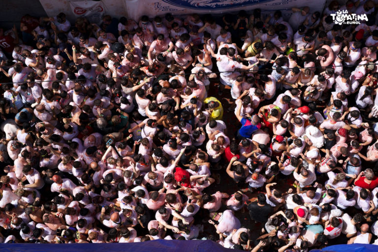 The huge crowd of La Tomatina seen from above