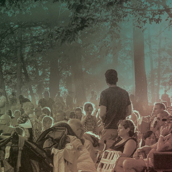 The public at the Mariposa Folk Festival under the trees of Tudhope Park