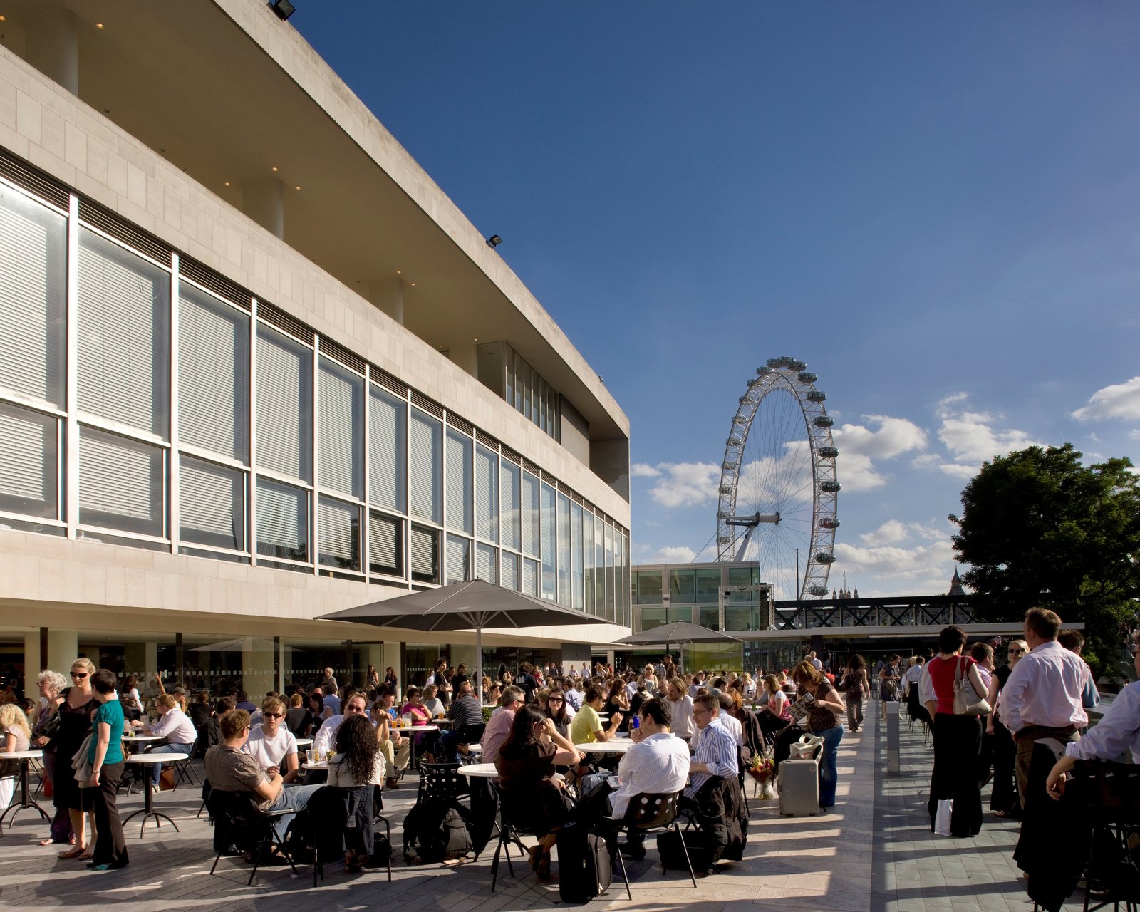 The terrace of the Riverside Terrace Cafe at the foot of the Royal Festival Hall, with the London Eye