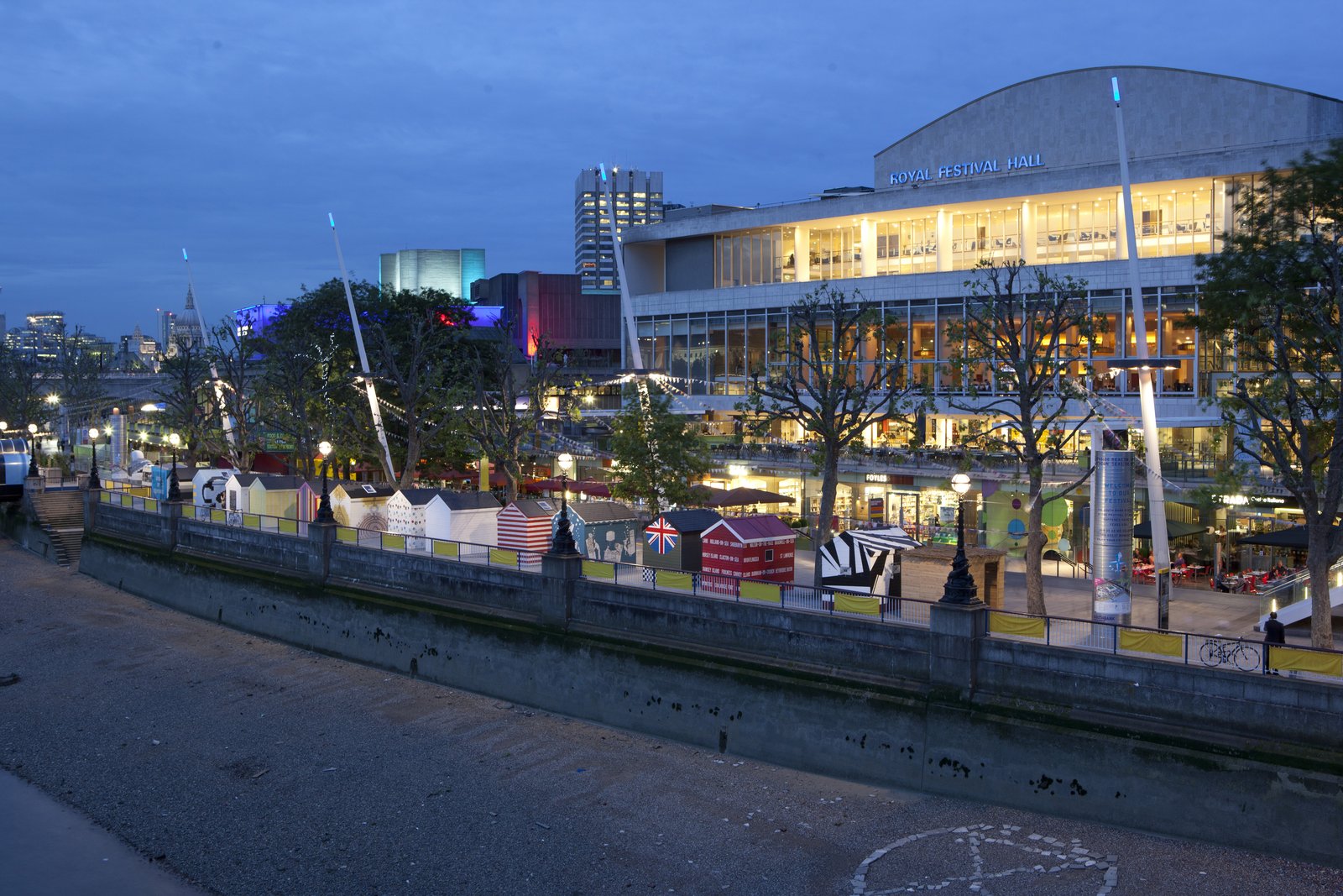 The Southbank Centre in blue time, seen from the Thames bank