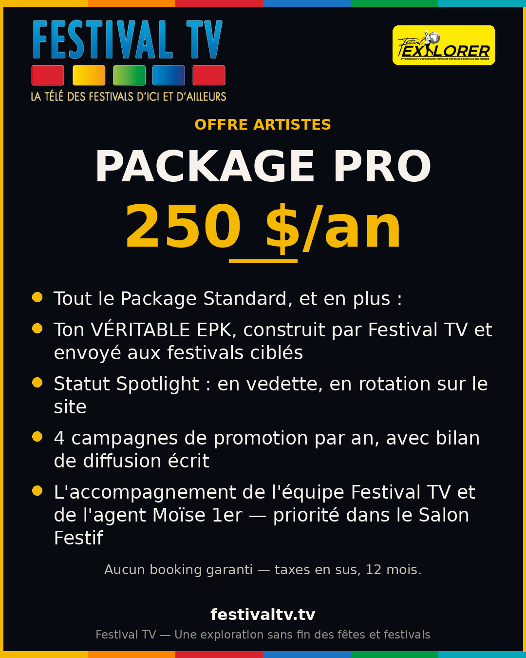 Visuel du package Pro de Festival TV : 250 $ par an — la fiche, le pressbook, l'EPK complet, le Spotlight et l'accompagnement