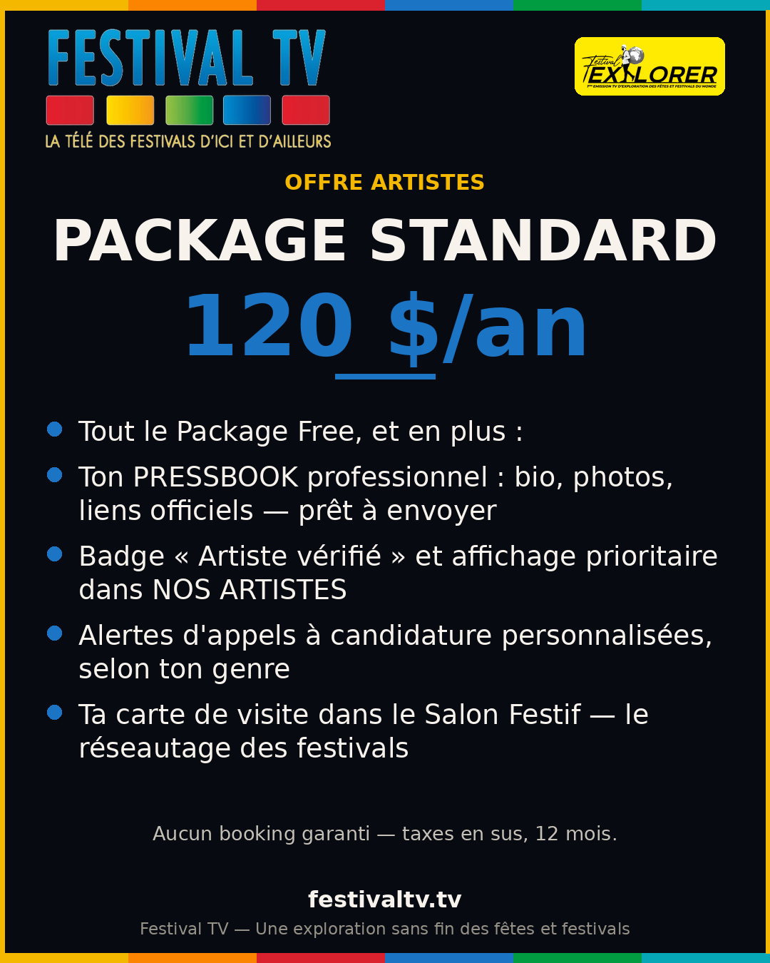 Visuel du package Standard de Festival TV : 120 $ par an — la fiche artiste et le pressbook