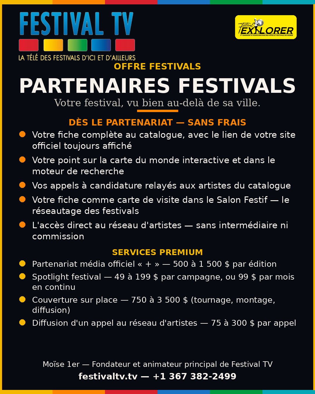 Visuel de l'offre Partenaires festivals de Festival TV : les bénéfices gratuits dès le partenariat et les services premium, avec leurs tarifs