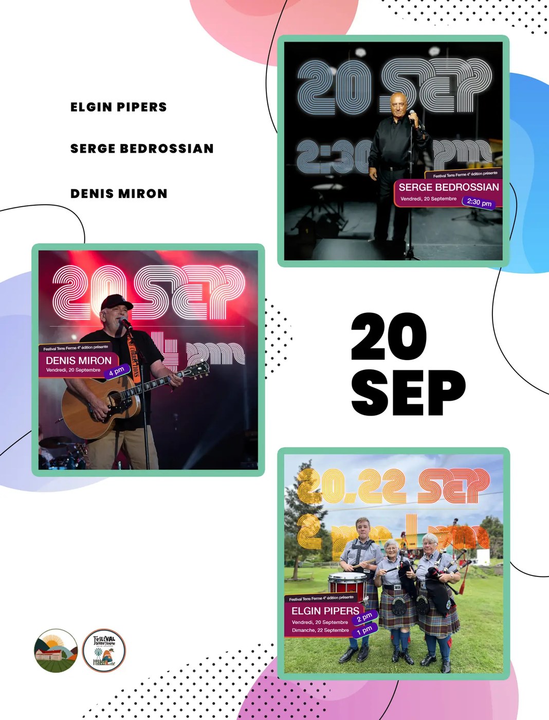 L'affiche officielle du vendredi de la 4e édition (20 septembre 2024) : Serge Bedrossian, Denis Miron et les Elgin Pipers