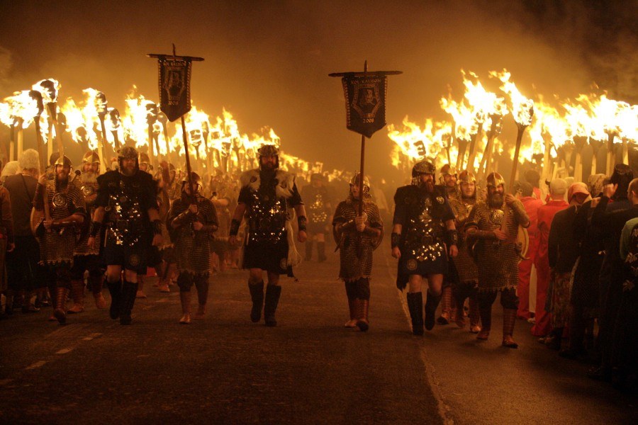Jarl Squad opens procession to the torches of Up Helly Aa, in Lerwick